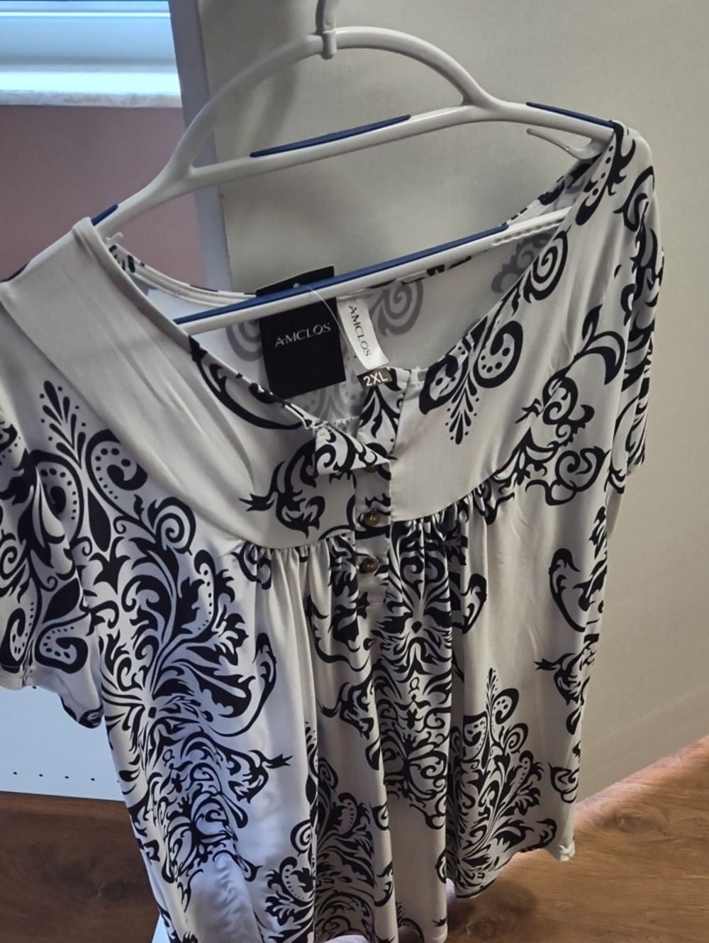 AMCLOS Plus Size Black and White Printed Short Sleeve Blouse - 2XL